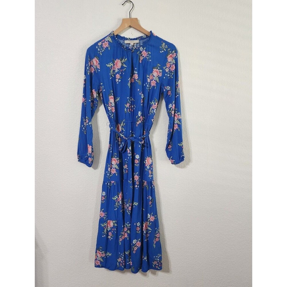 Loft Blue Pink Floral Print Tiered Maxi Dress Size 8